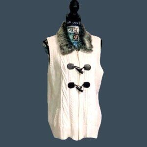 CHARTER CLUB -WOMENS KNIT FRONT ZIP/BUTTON CLOSURE FAUX FUR NECK VEST SIZE LARGE